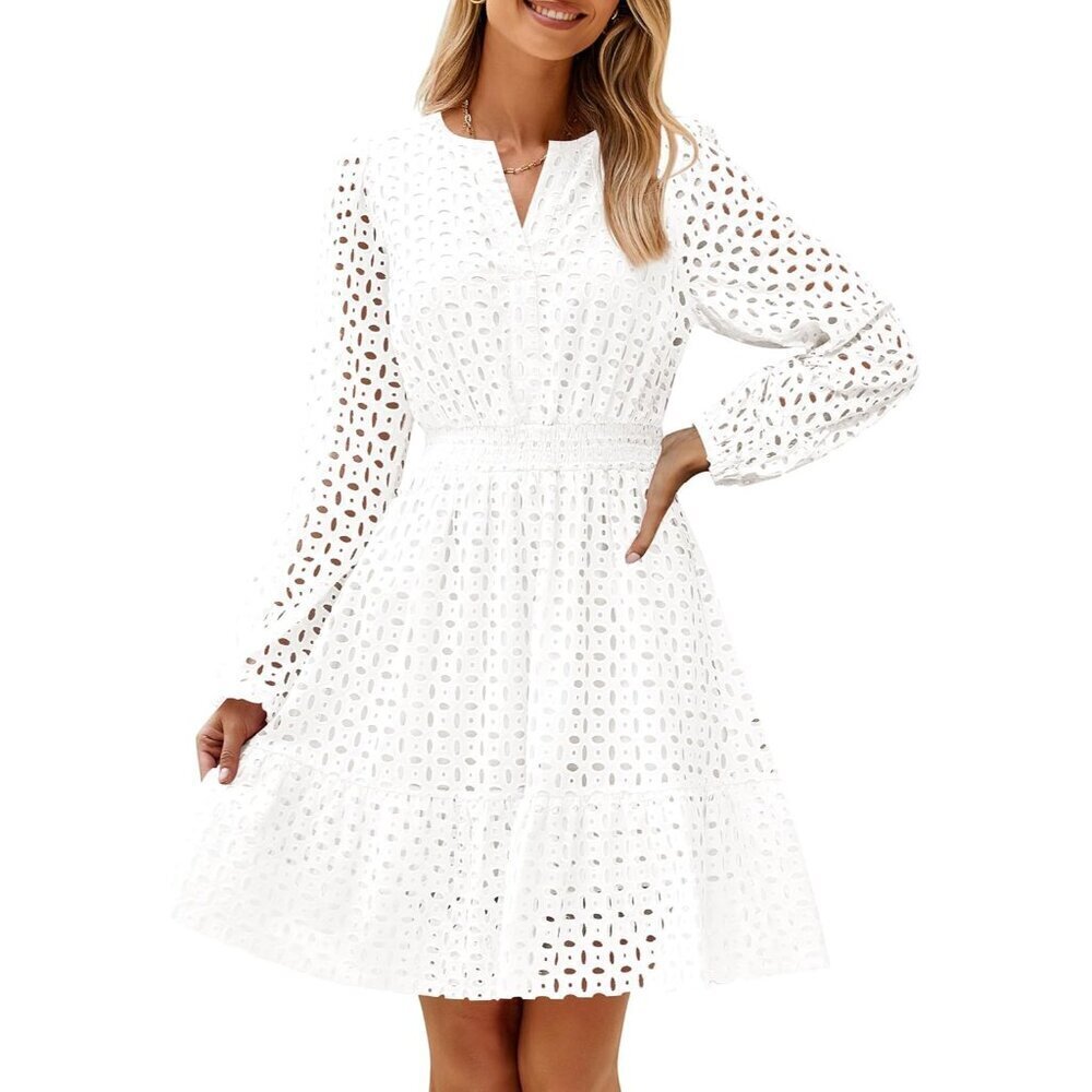 Women's 2026 Long Sleeve Mini Dress Fall V Neck Hollow Out Eyelet Embroidery Ruf